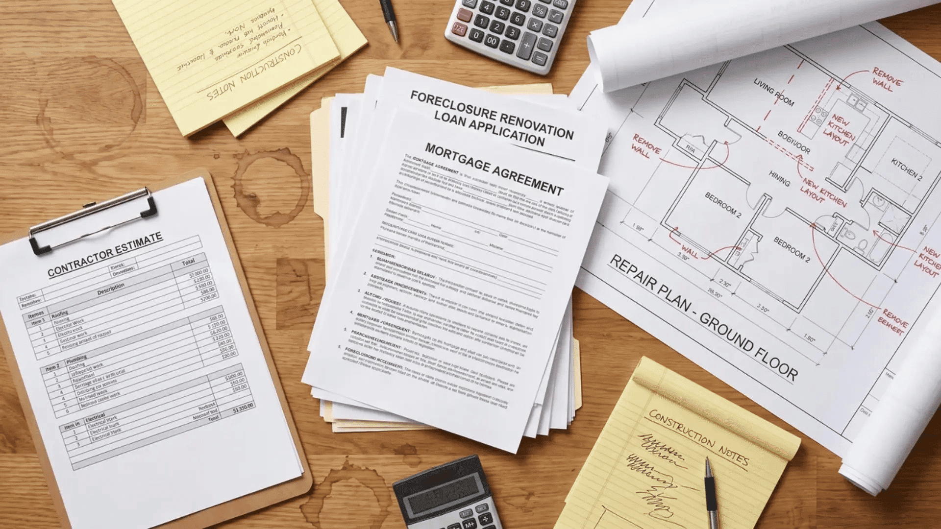 Renovation loan papers, repair estimates, and construction planning documents on a desk
