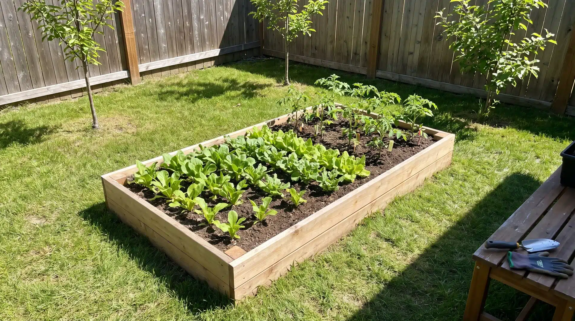 Garden bed placed in a sunny area with vegetables receiving direct sunlight