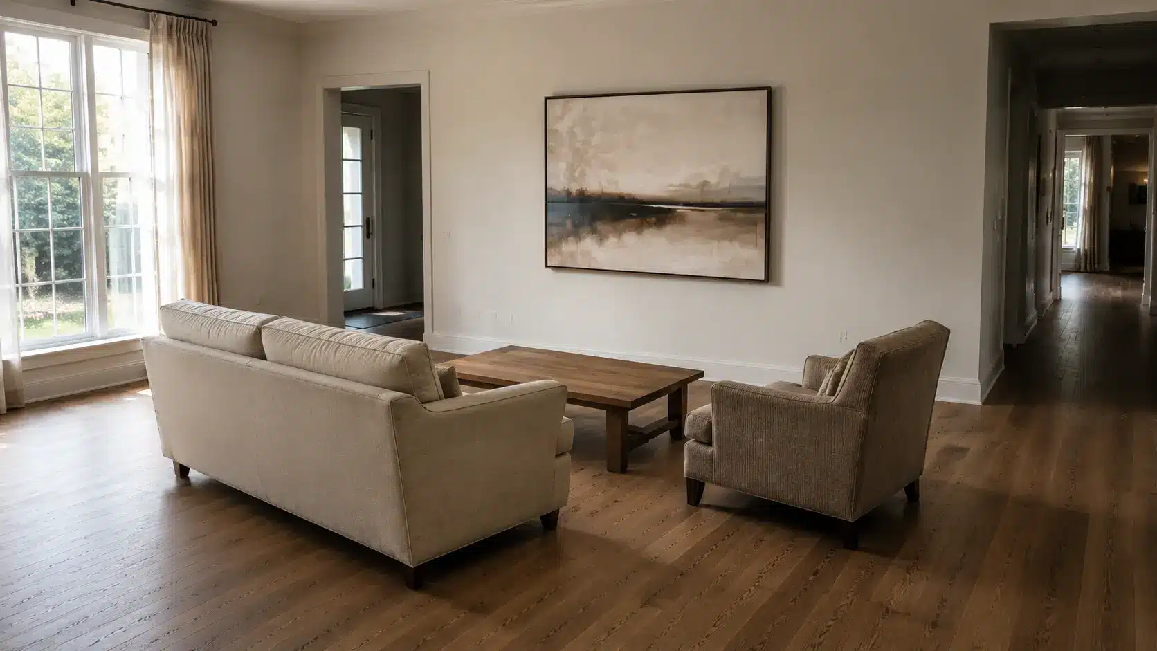 Living room layout planned around artwork focal point with sofa, chairs, coffee table, and spacing marks on the floor