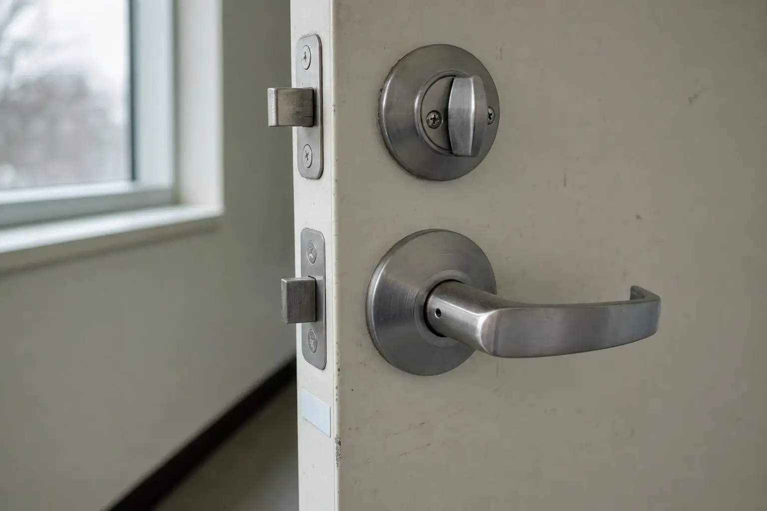 Metal door handle and lock on partially open door in bright interior space