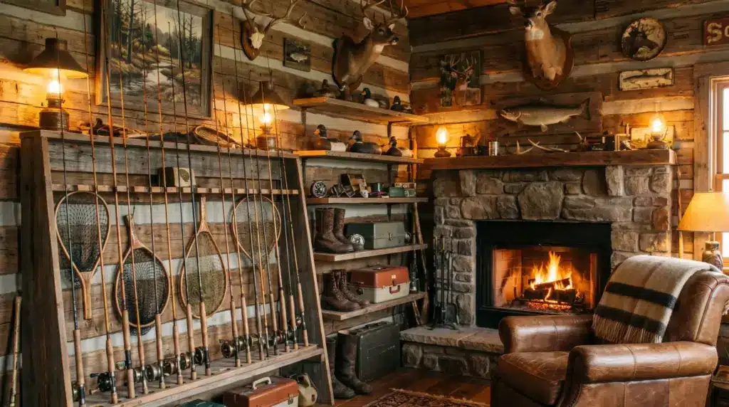Fishing and hunting gear displayed on walls in a rustic man cave.