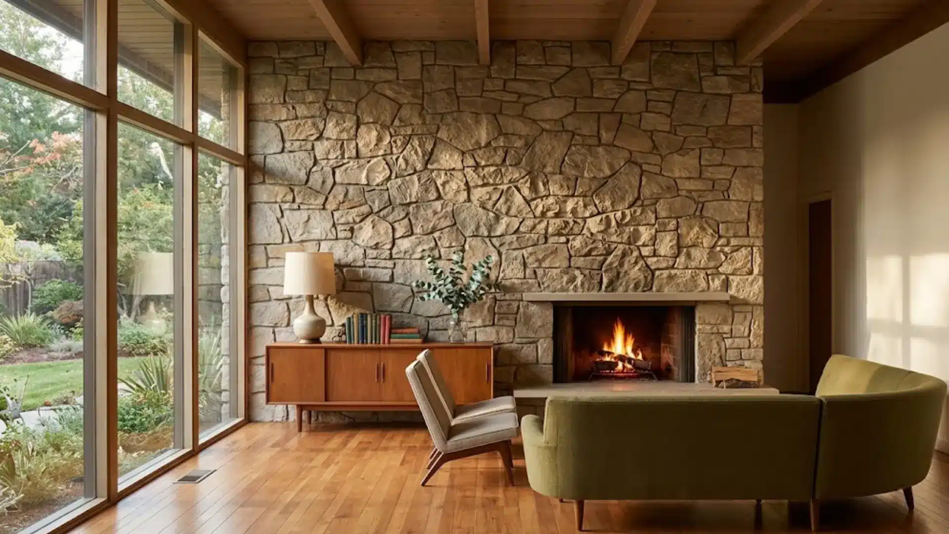 1950s-inspired living room interior with natural flagstone fireplace and low furniture
