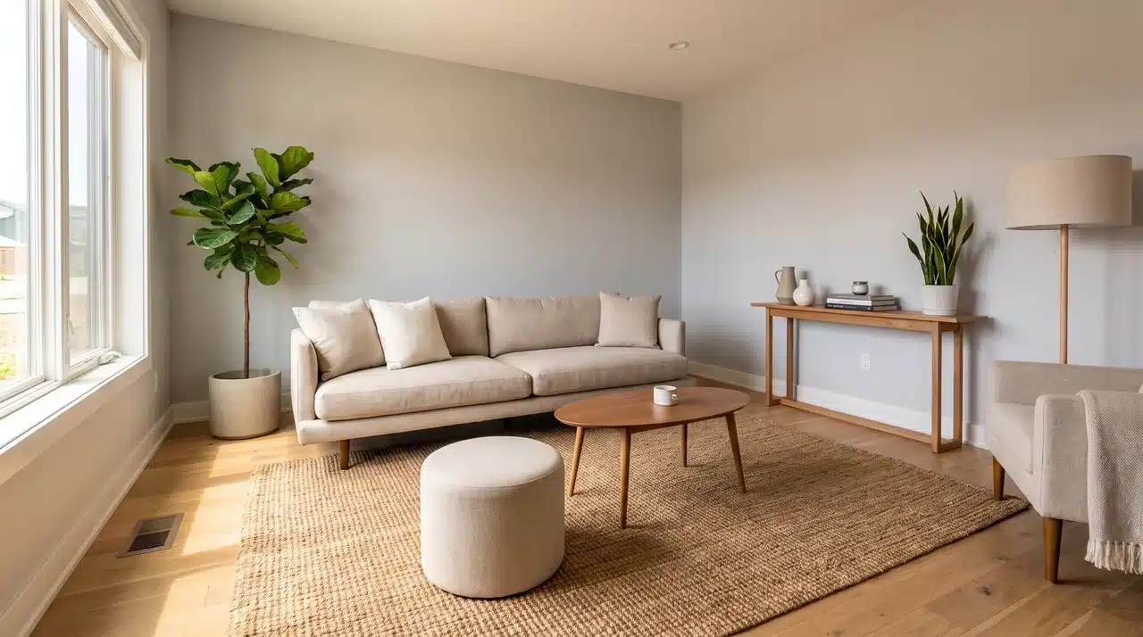 Compact living room with a floating sofa placed away from walls, anchored by a rug and surrounded by open walking space.