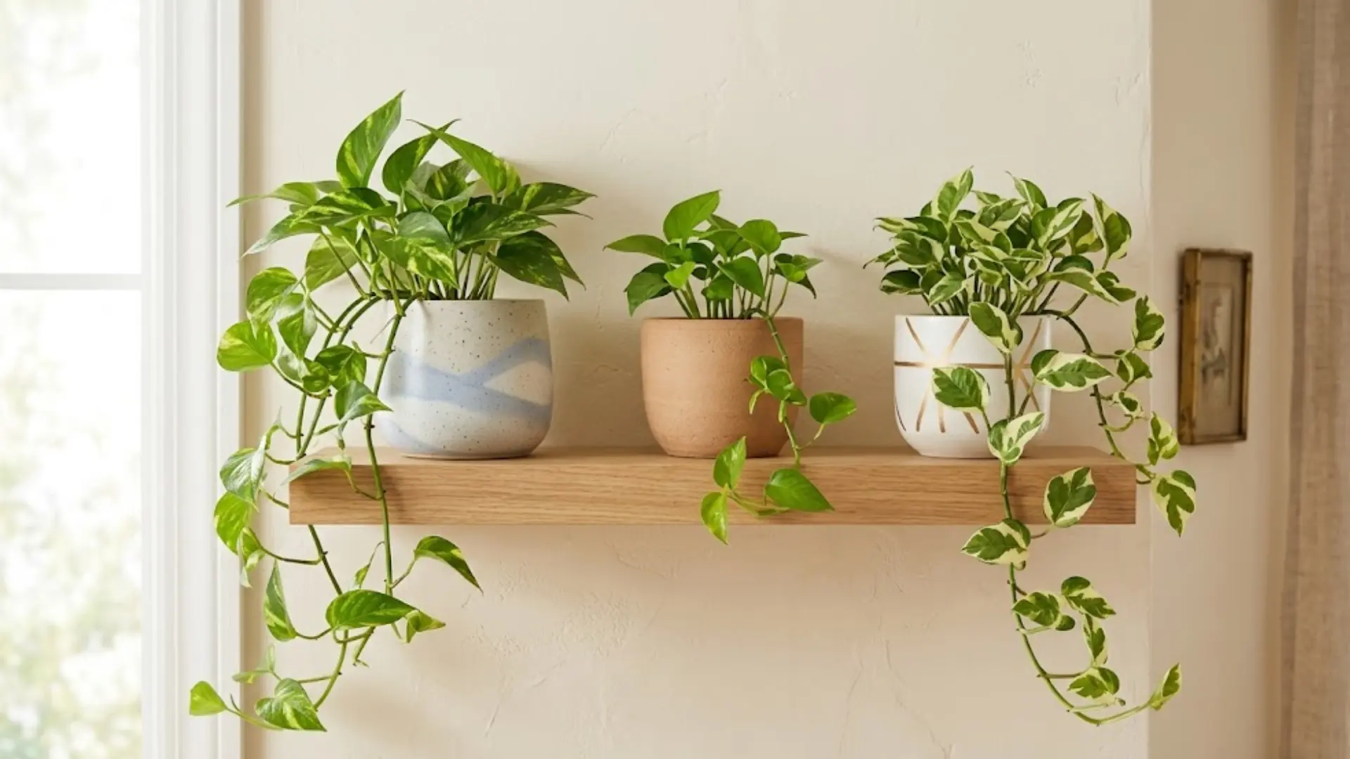Indoor floating shelf displaying small planters with lush greenery and trailing vines