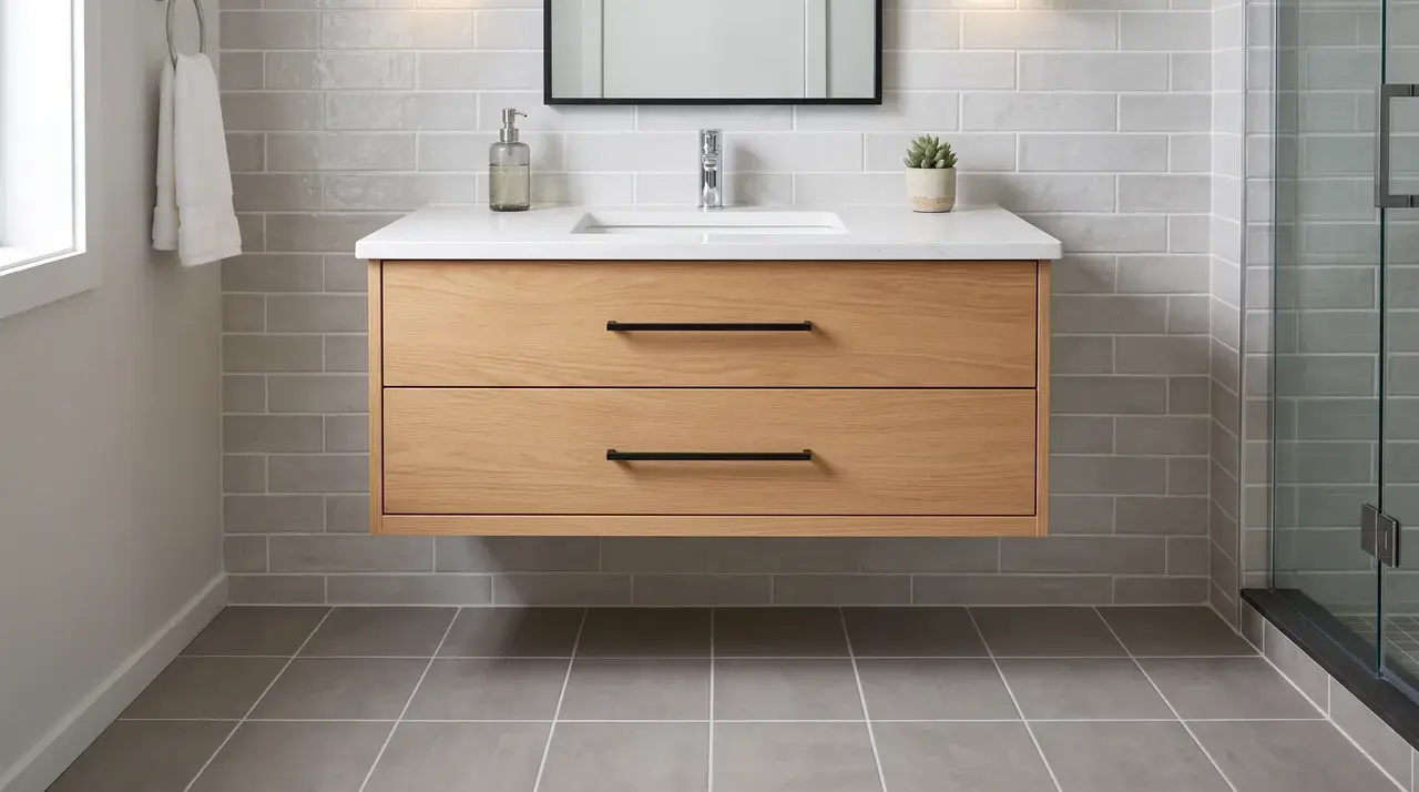 Wall-mounted bathroom vanity cabinet hanging above the floor with a visible gap underneath