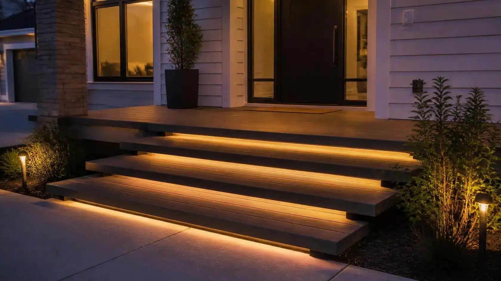 modern porch entrance with floating wood steps, open gaps, and built-in LED lighting creating a sleek outdoor design