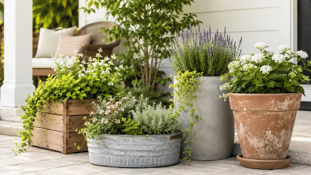 15 Flower Pot Ideas for Every Home Style and Budget Level serene front porch garden featuring mixed flowers arranged in rustic wooden, terracotta, concrete, and galvanized metal planters