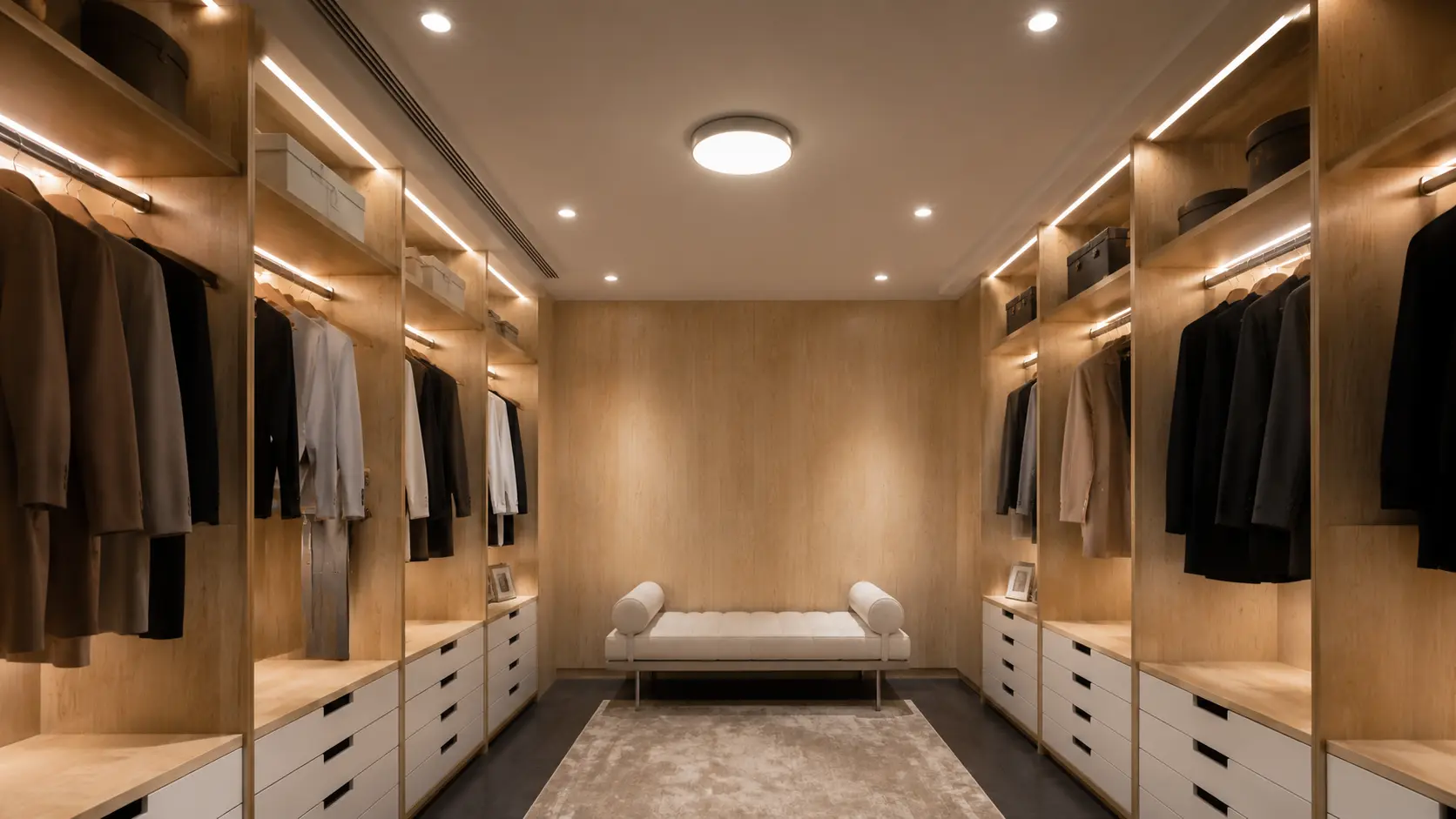 Modern walk-in closet with flush mount ceiling light, recessed lighting, warm wood shelving, and soft ambient closet illumination.