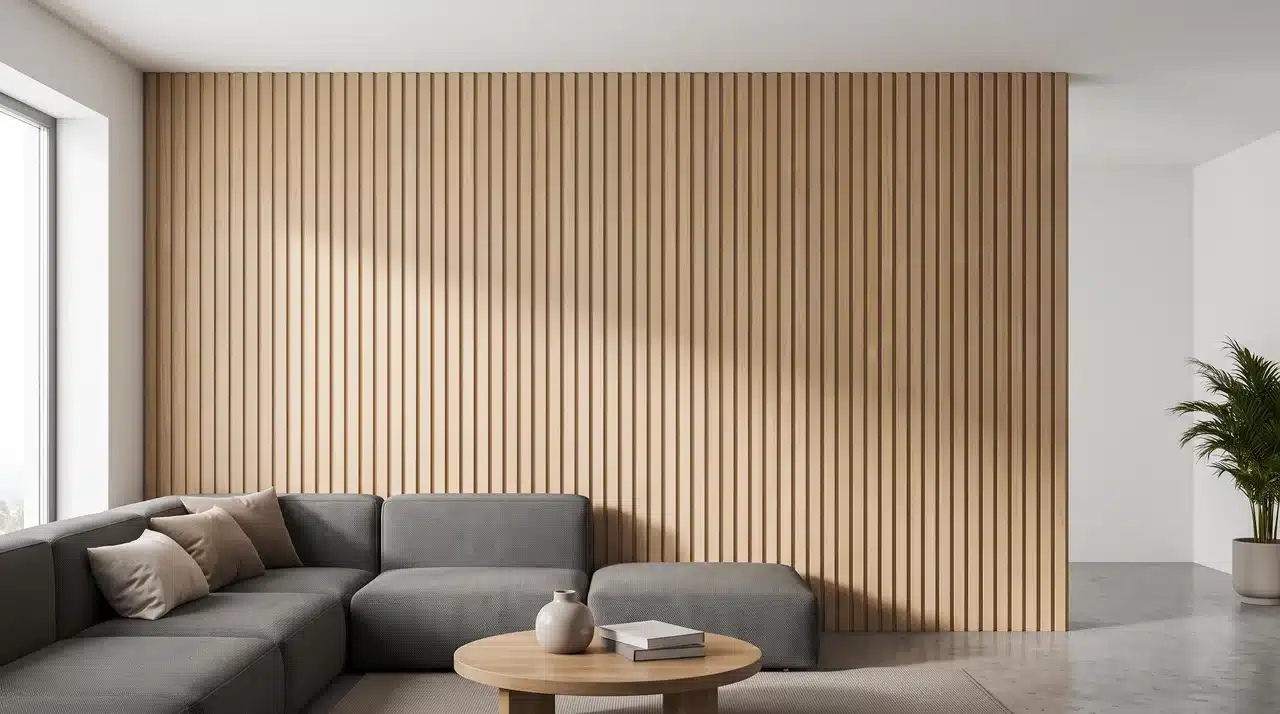 Living room with a floor-to-ceiling fluted panel feature wall showing vertical grooves and subtle shadow lines