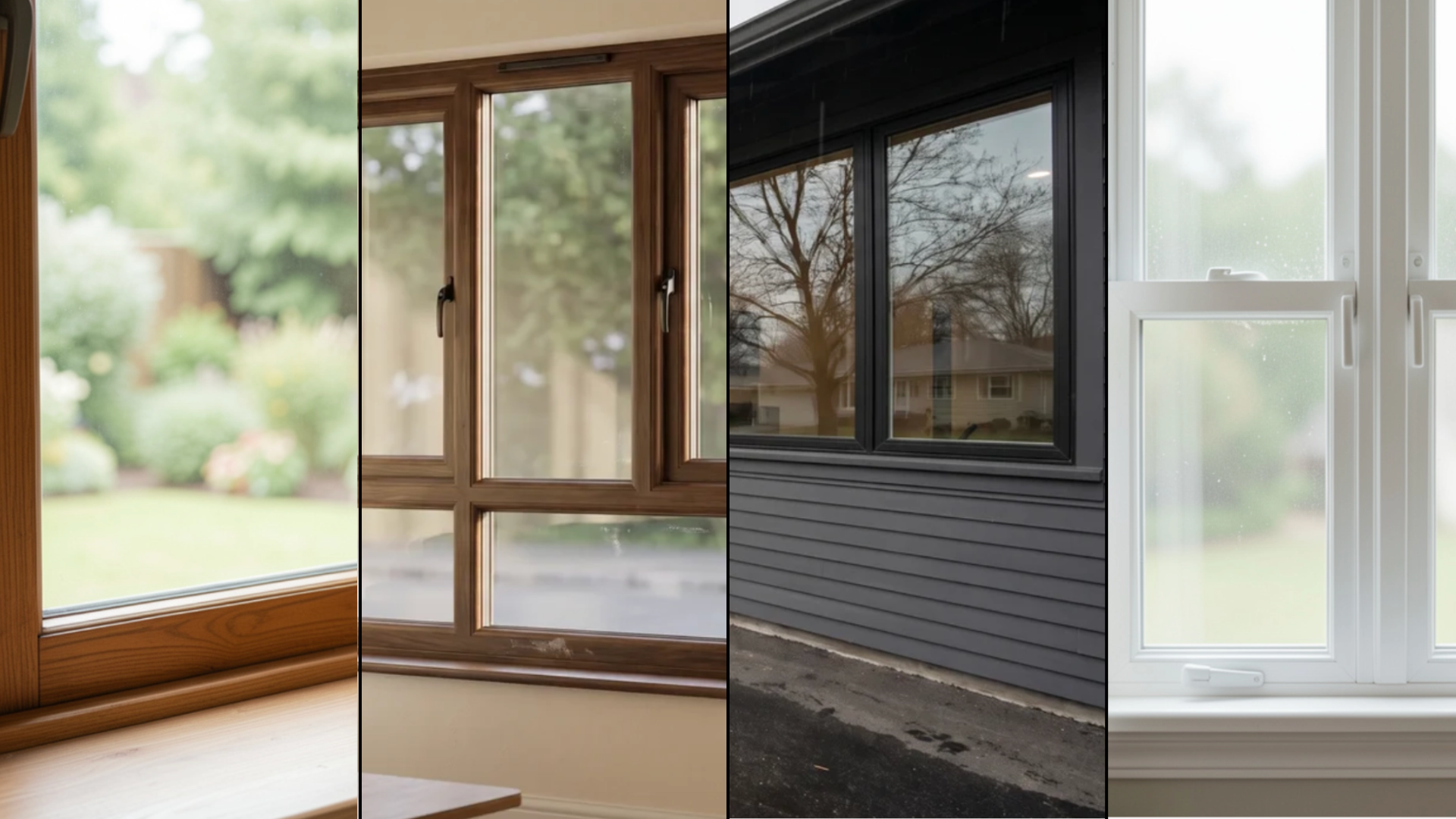four-panel comparison showing wood, brown composite, black-framed, and white vinyl residential windows installed in different home settings and weather conditions
