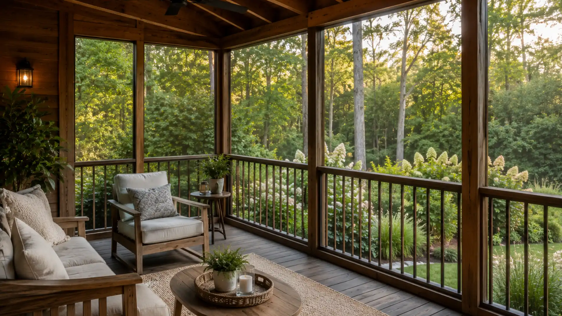 Screened patio seating arranged to frame the garden view
