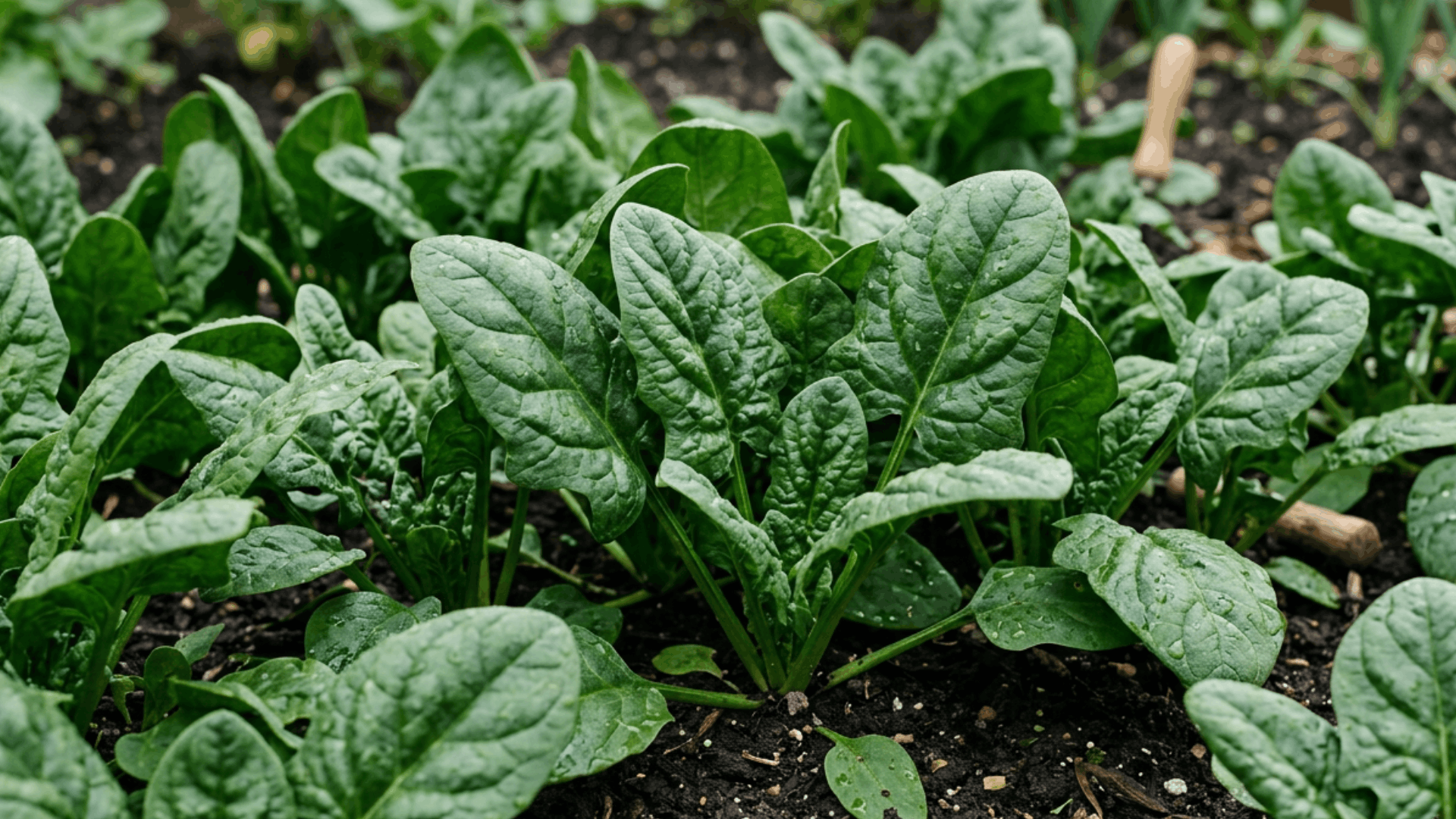 fresh green spinach plants growing in rich dark soil in a thriving vegetable garden with healthy broad leaves and new growth