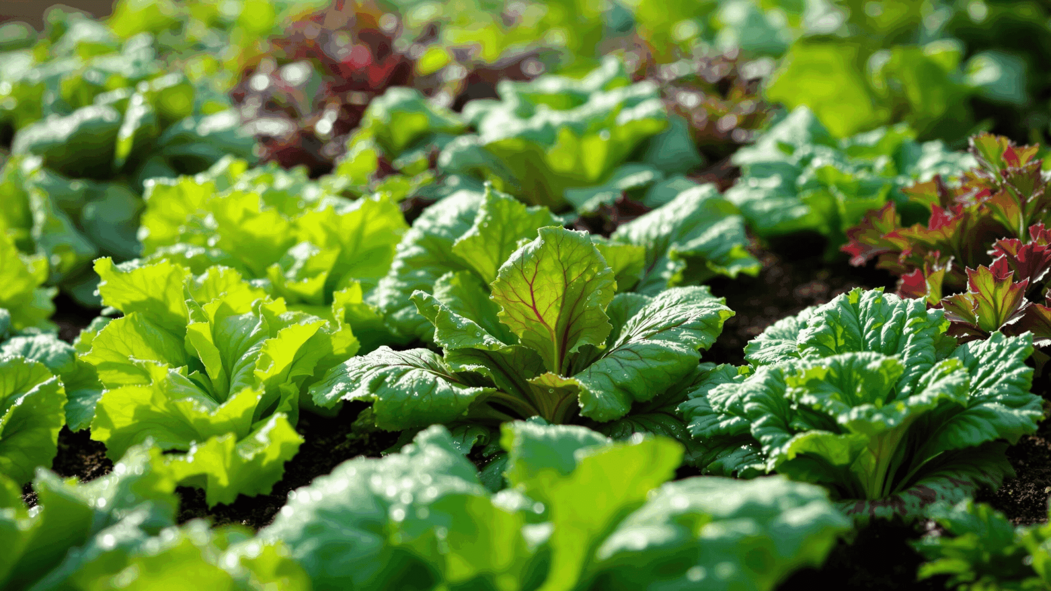 fresh lettuce and leafy greens growing in rows across rich garden soil under bright sunlight with healthy leaves