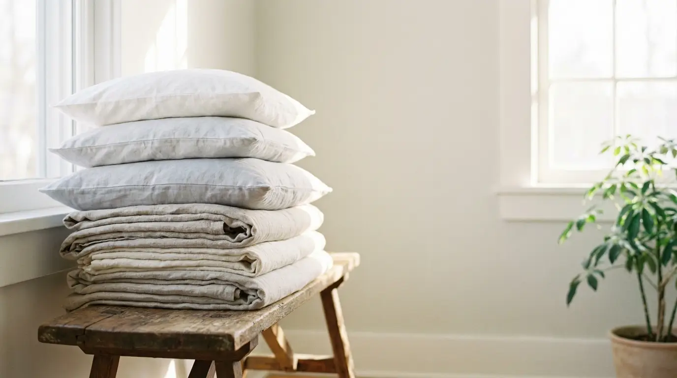 Stacked white linens and pillows on rustic wooden bench in bright, airy room with potted plant
