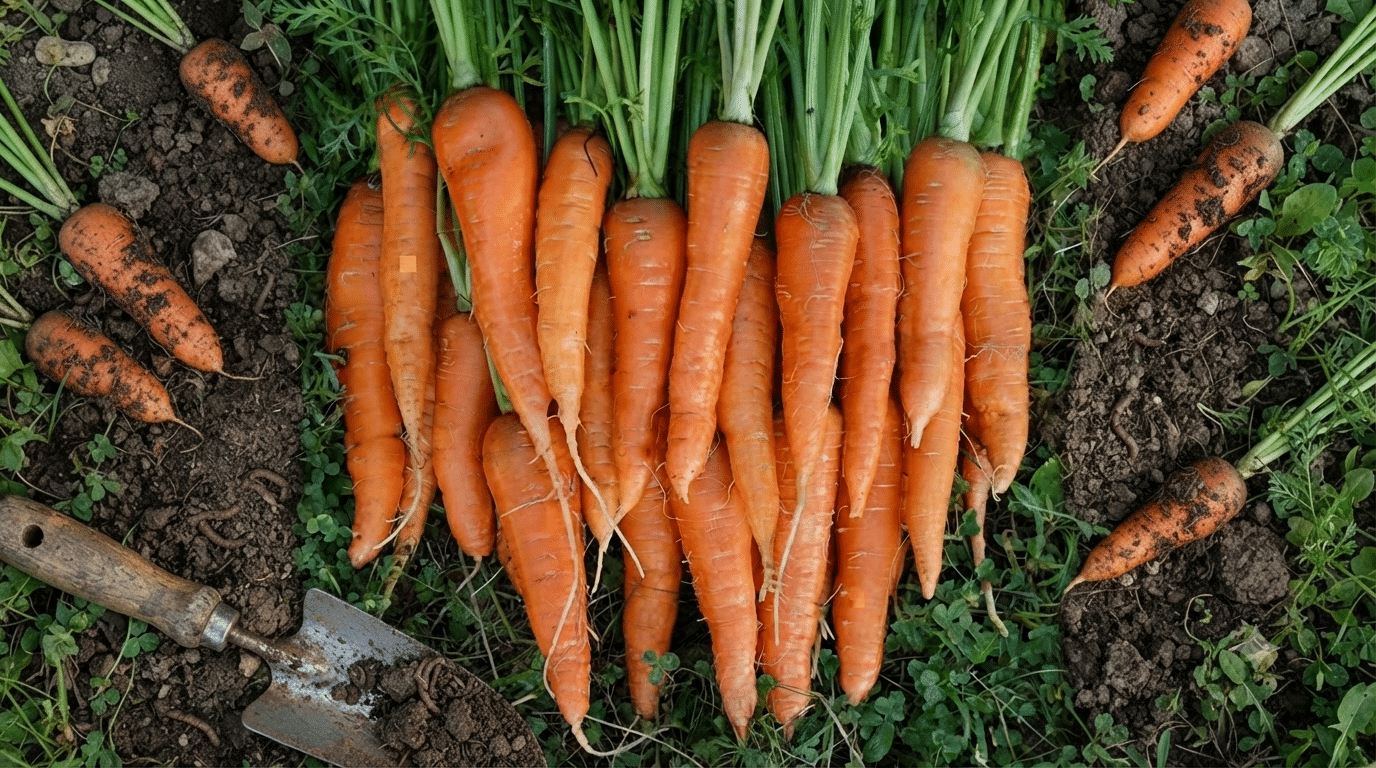 freshly harvested carrots with green tops lying on garden soil beside a hand trowel and scattered carrots