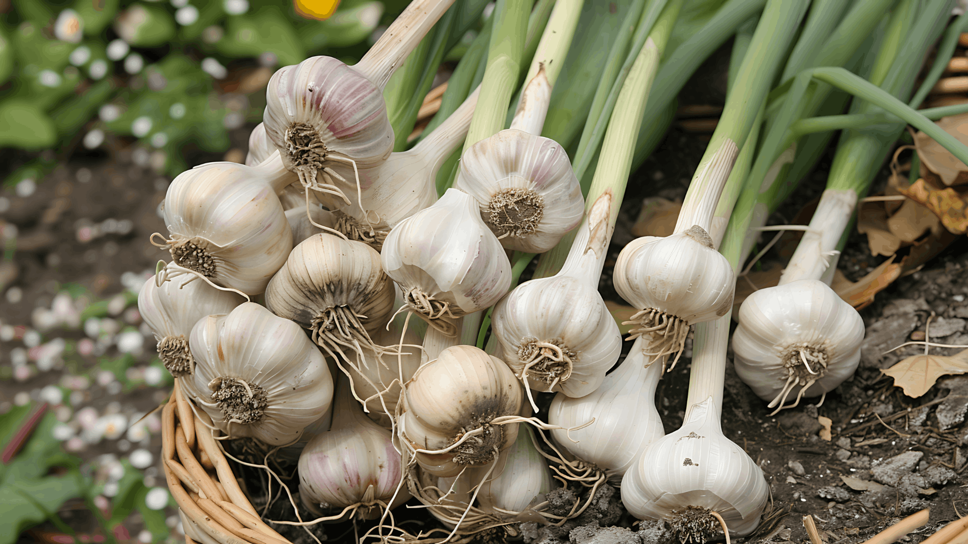 freshly harvested garlic bulbs with green stems arranged in a basket near garden soil and plants