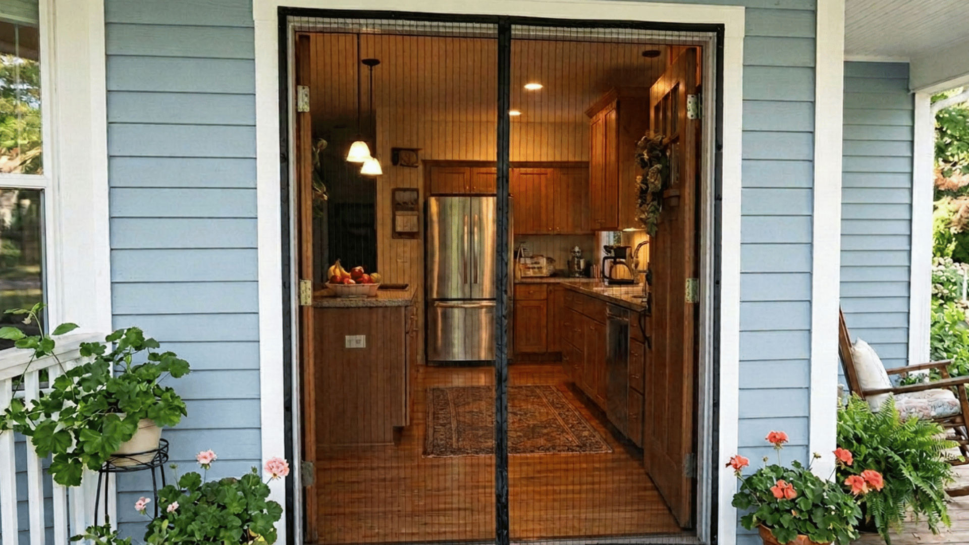 front porch with a black mesh screen door opening into a warm kitchen surrounded by potted flowers and garden seating