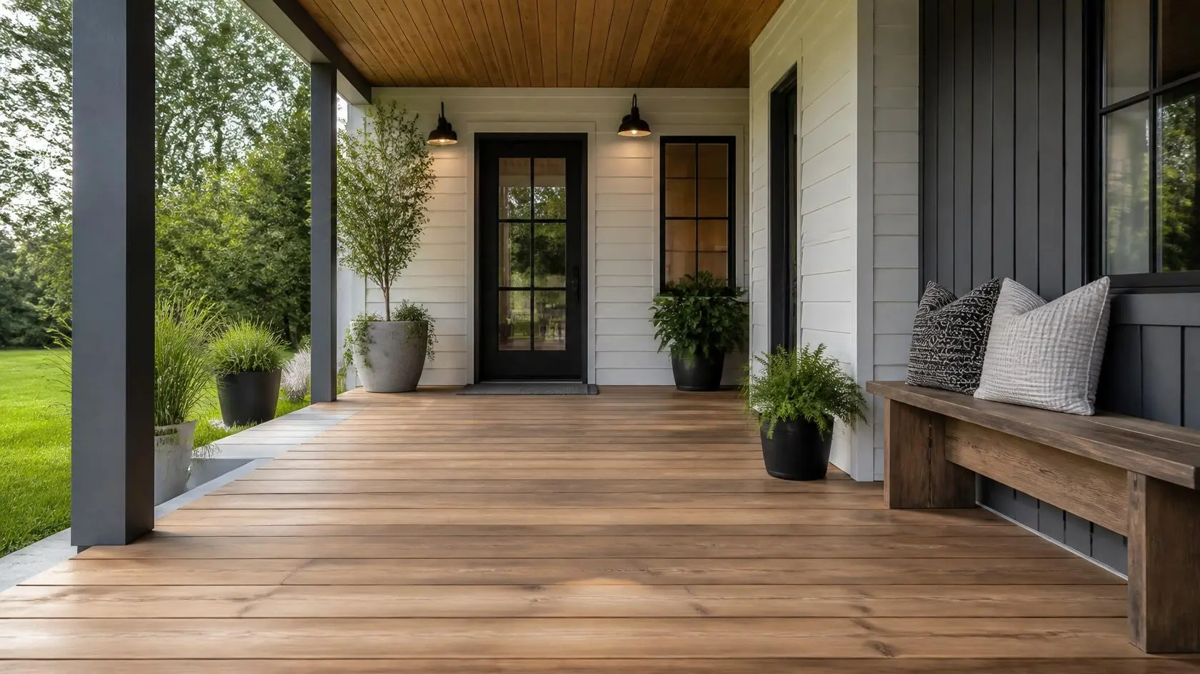 wide plank porch decking with clean wood lines creating a spacious and modern front porch design