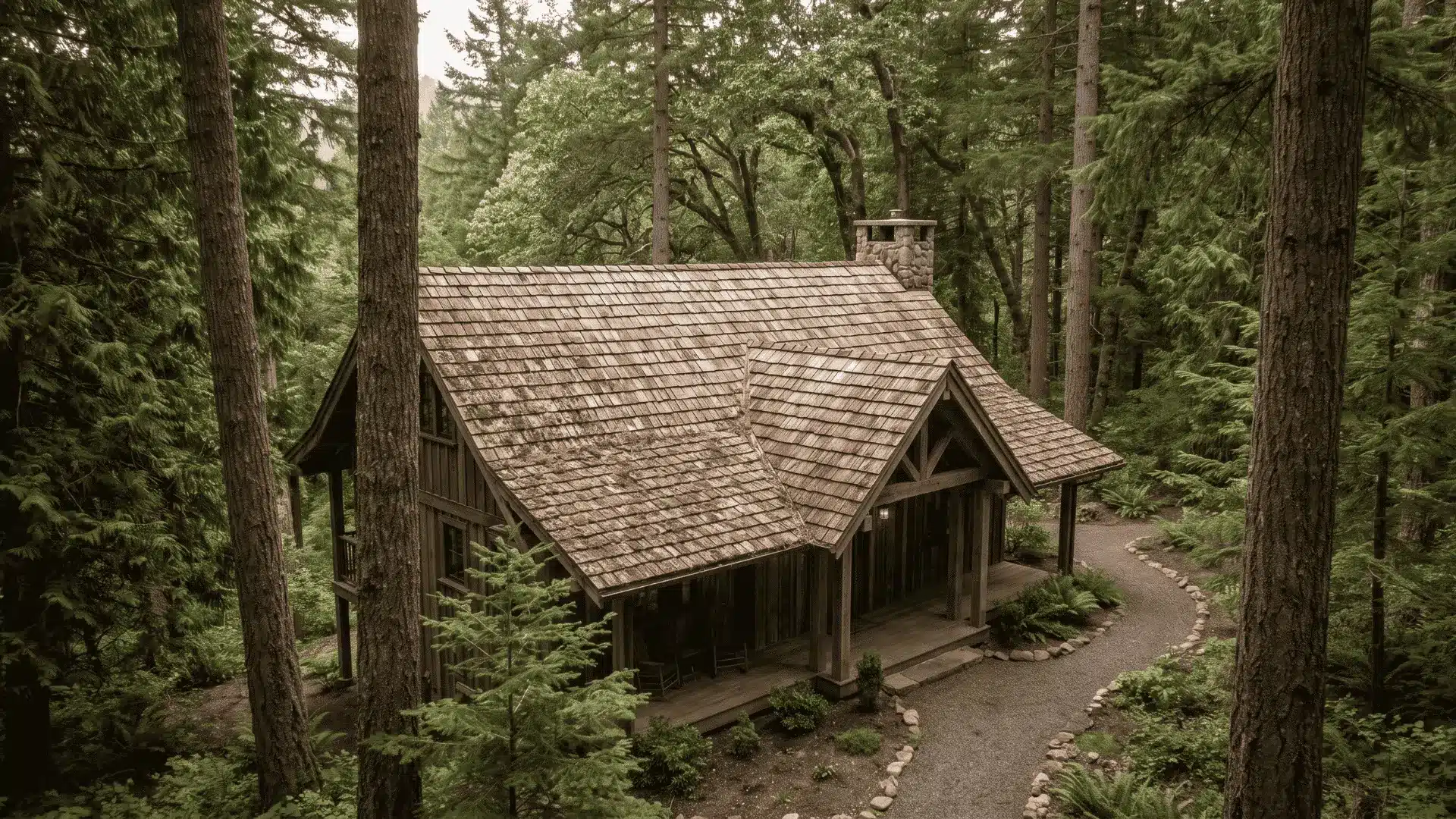 FSC-certified wood shake roof on a home surrounded by nature.