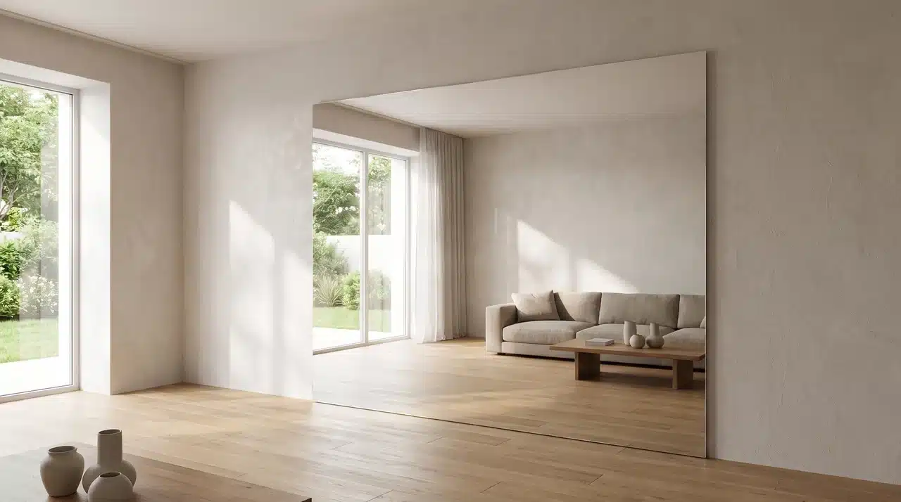 Living room with a floor-to-ceiling mirror feature wall reflecting natural light from a nearby window