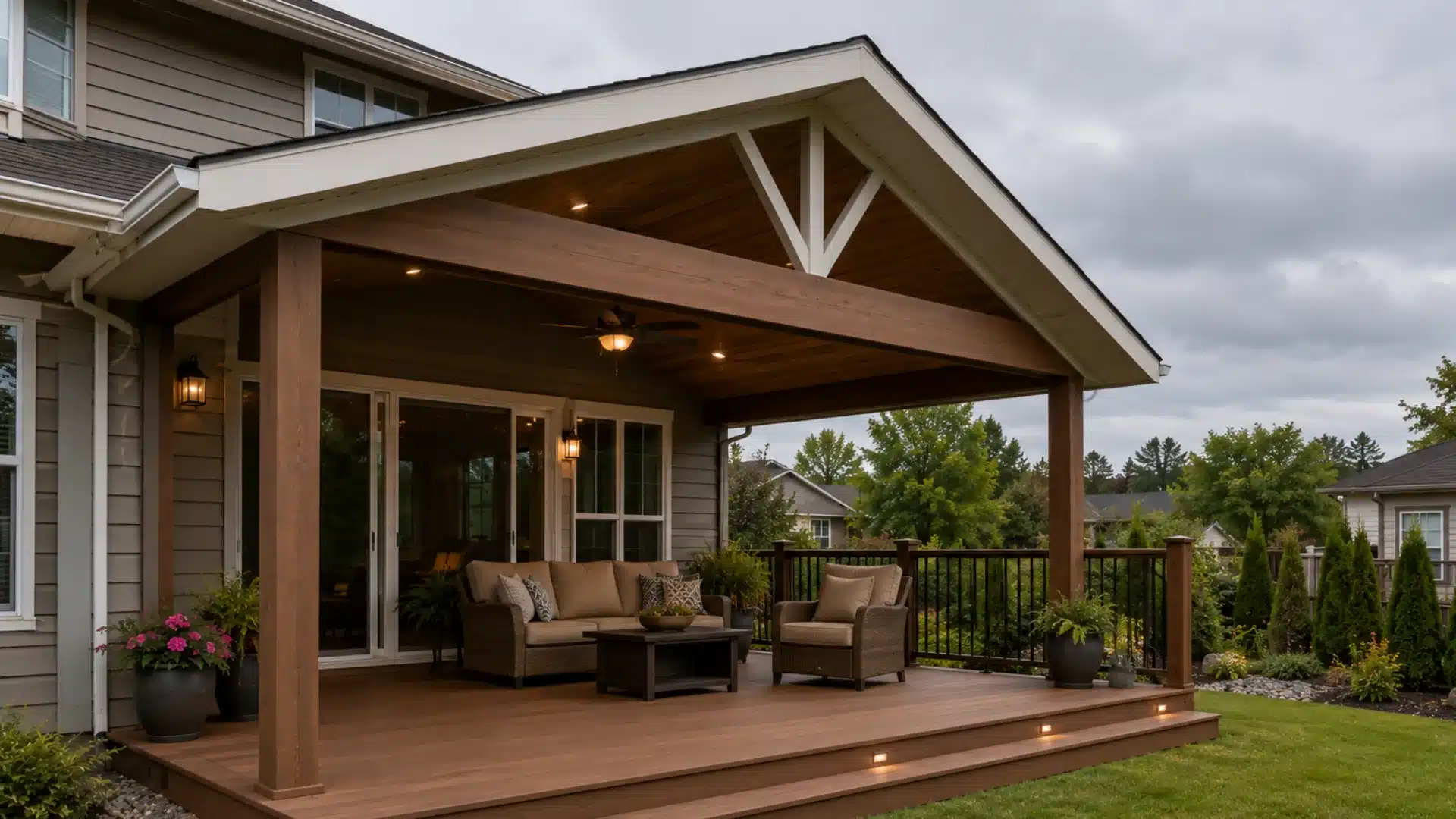 Gable-roof covered deck attached to the house, extending the roofline for full weather protection outdoors