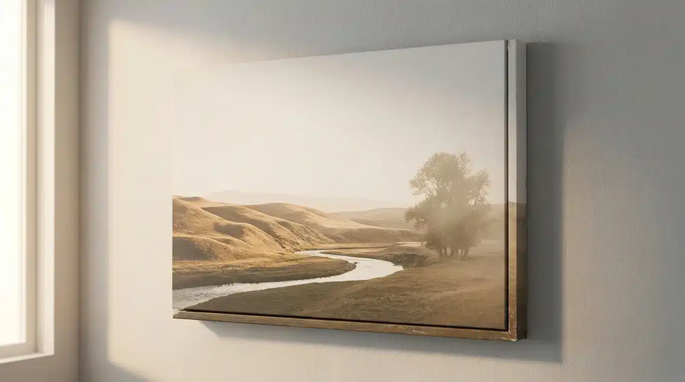 Canvas print of serene landscape with river and trees in soft sunlight on white wall