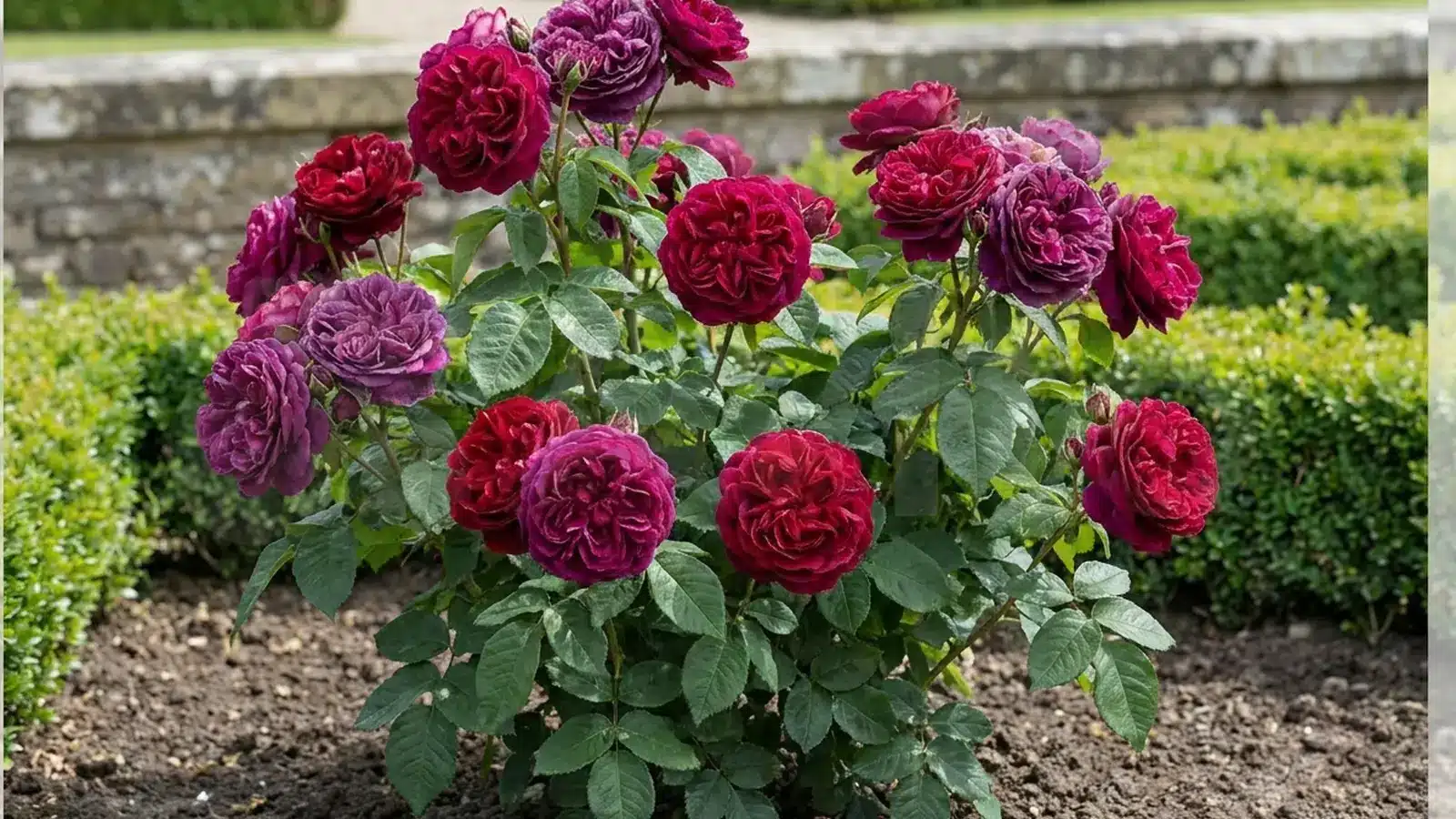 deep crimson and purple Gallica roses blooming on a compact bush in a formal garden bed
