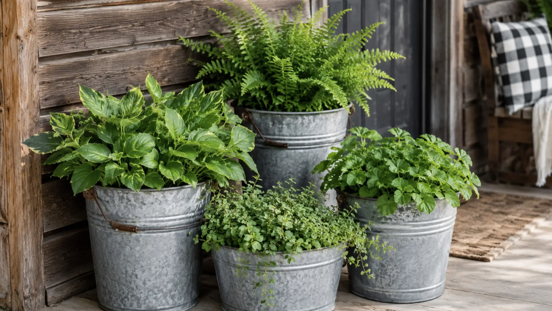 Galvanized metal bucket planters with an industrial farmhouse look
