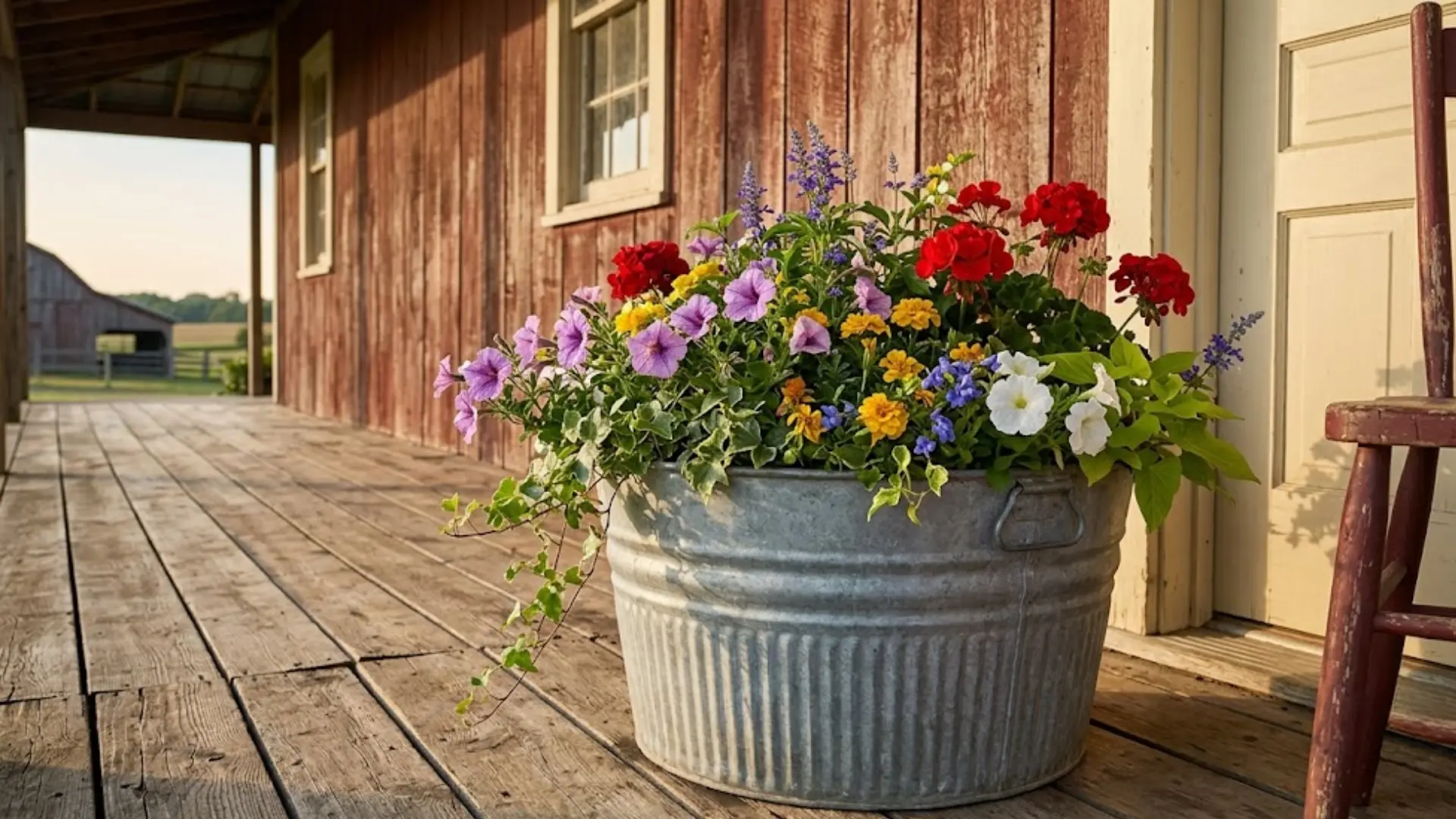 Galvanized wash tub planter idea for a farmhouse porch