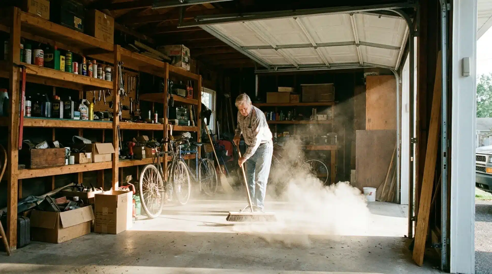 Person sweeping a garage floor with tools and shelves in the background