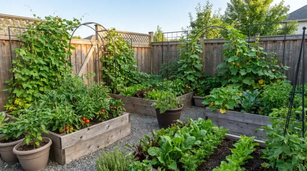 Small productive backyard vegetable garden with raised beds, vertical plants, healthy crops, and efficient gardening methods.