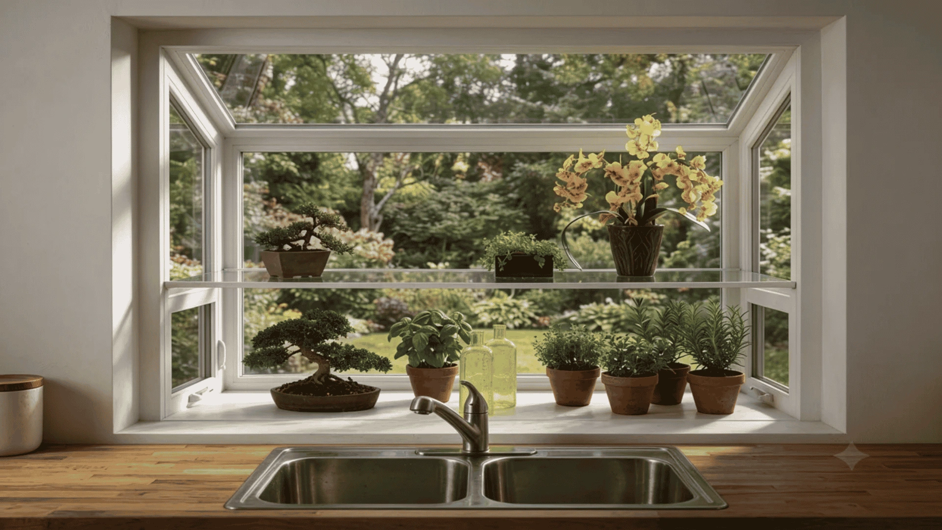 Garden window extending outward with plants on the interior shelf