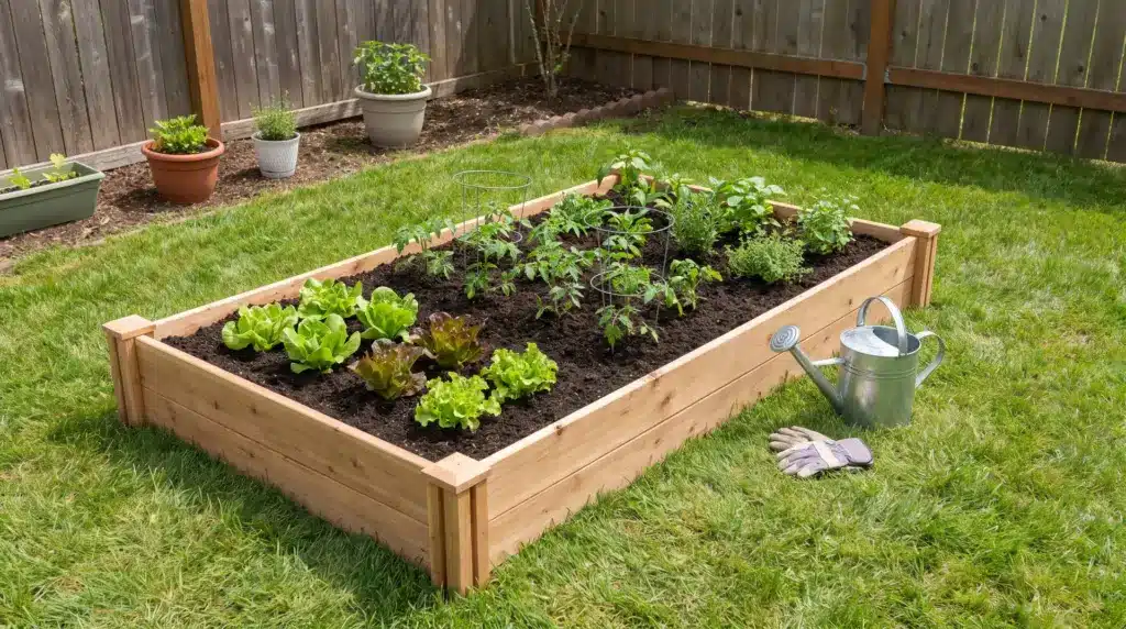 Gardening for Beginners: How to Start Your First Garden Small backyard vegetable garden with a raised bed and growing plants for beginners