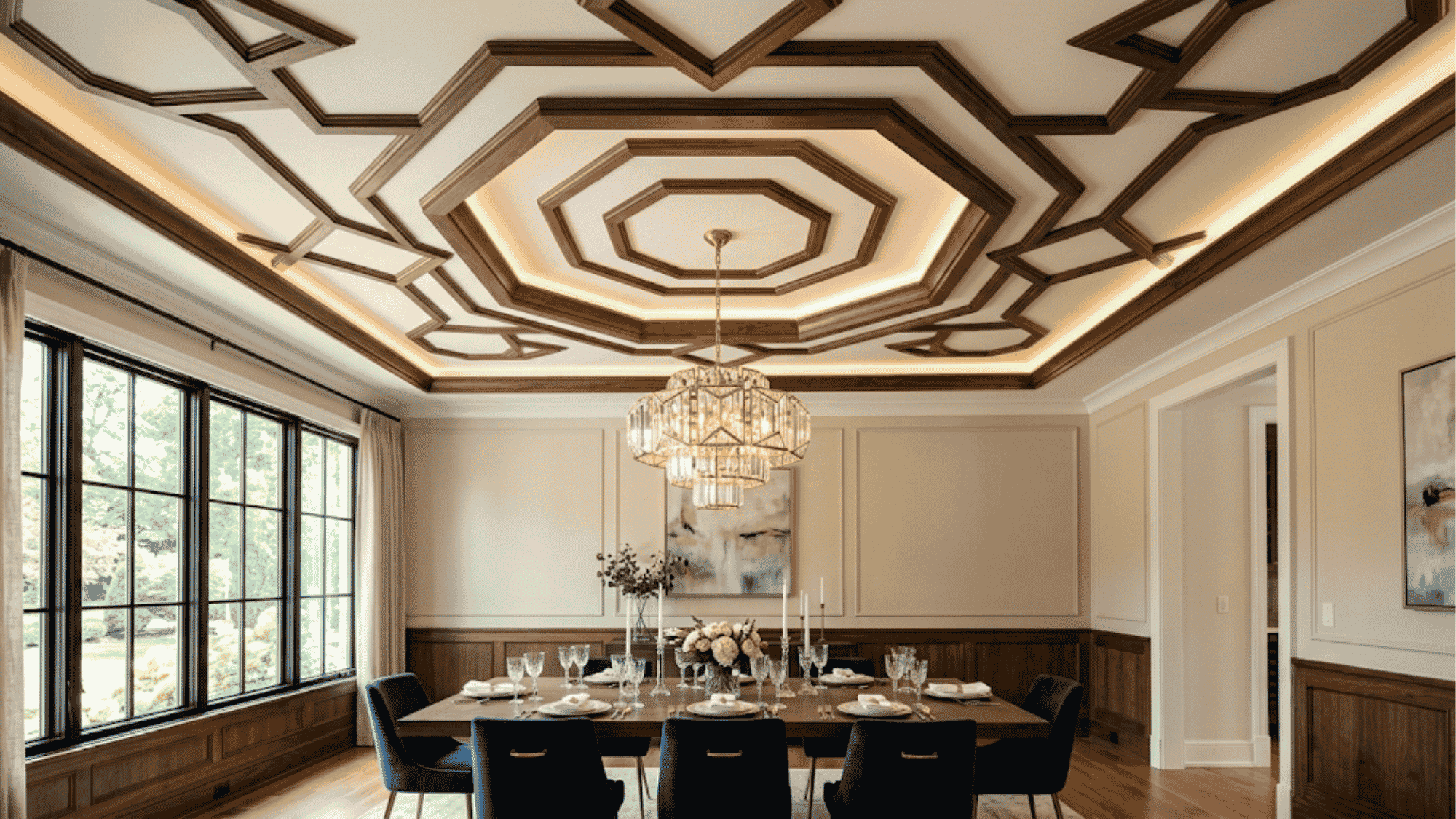 geometric tray ceiling design with integrated led lighting creating a bold modern and luxurious bedroom interior 