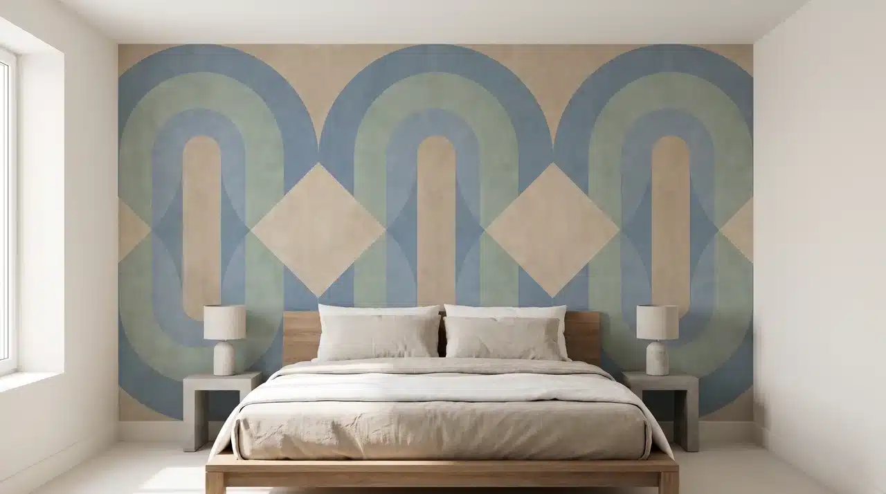 Bedroom with a geometric wallpaper feature wall behind a minimalist bed