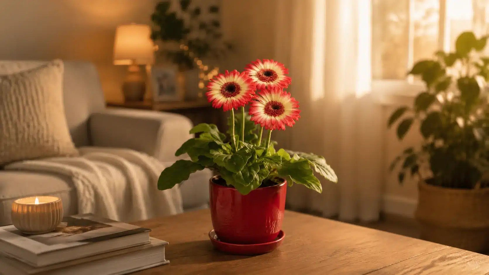 Red and white gerbera daisy blooms in a red pot