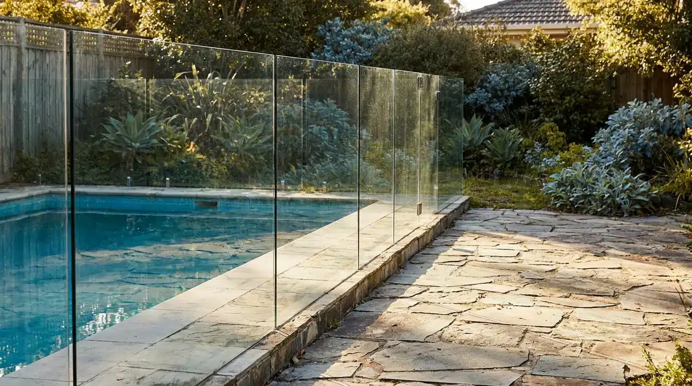 Outdoor pool with clear glass fence and stone patio surrounded by lush greenery