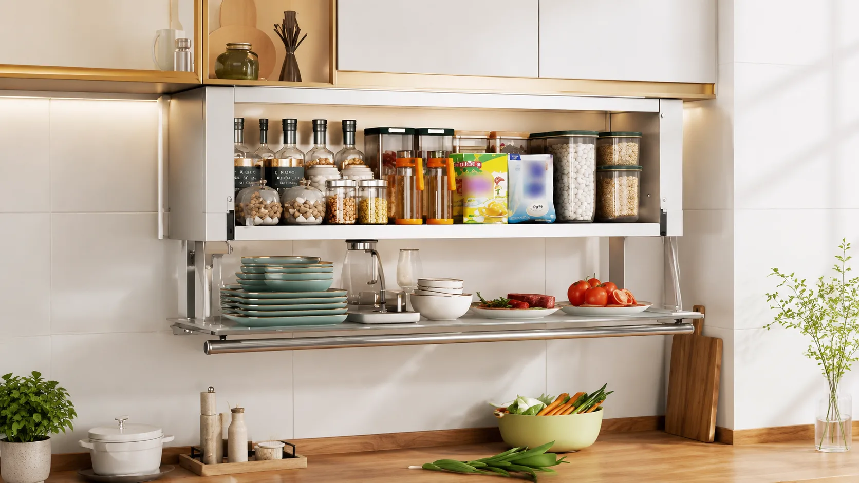 Modern kitchen with a wall-mounted open storage shelf holding jars, spices, plates, bowls, and pantry items above a wooden countertop.