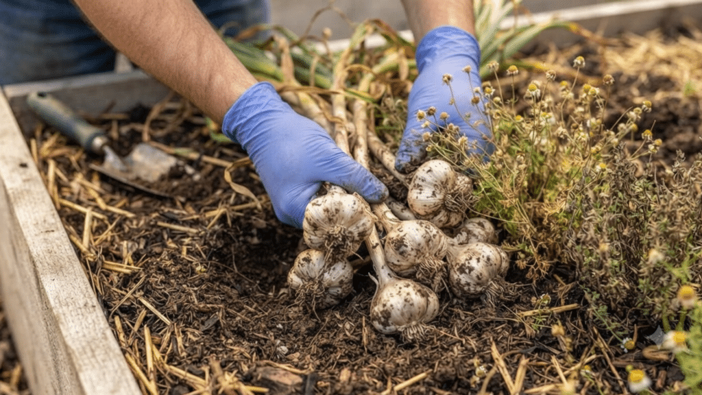 11 Garlic Companion Plants for Better Growth gloved hands harvesting freshly grown garlic bulbs from a raised garden bed with loose soil and dried surrounding plants