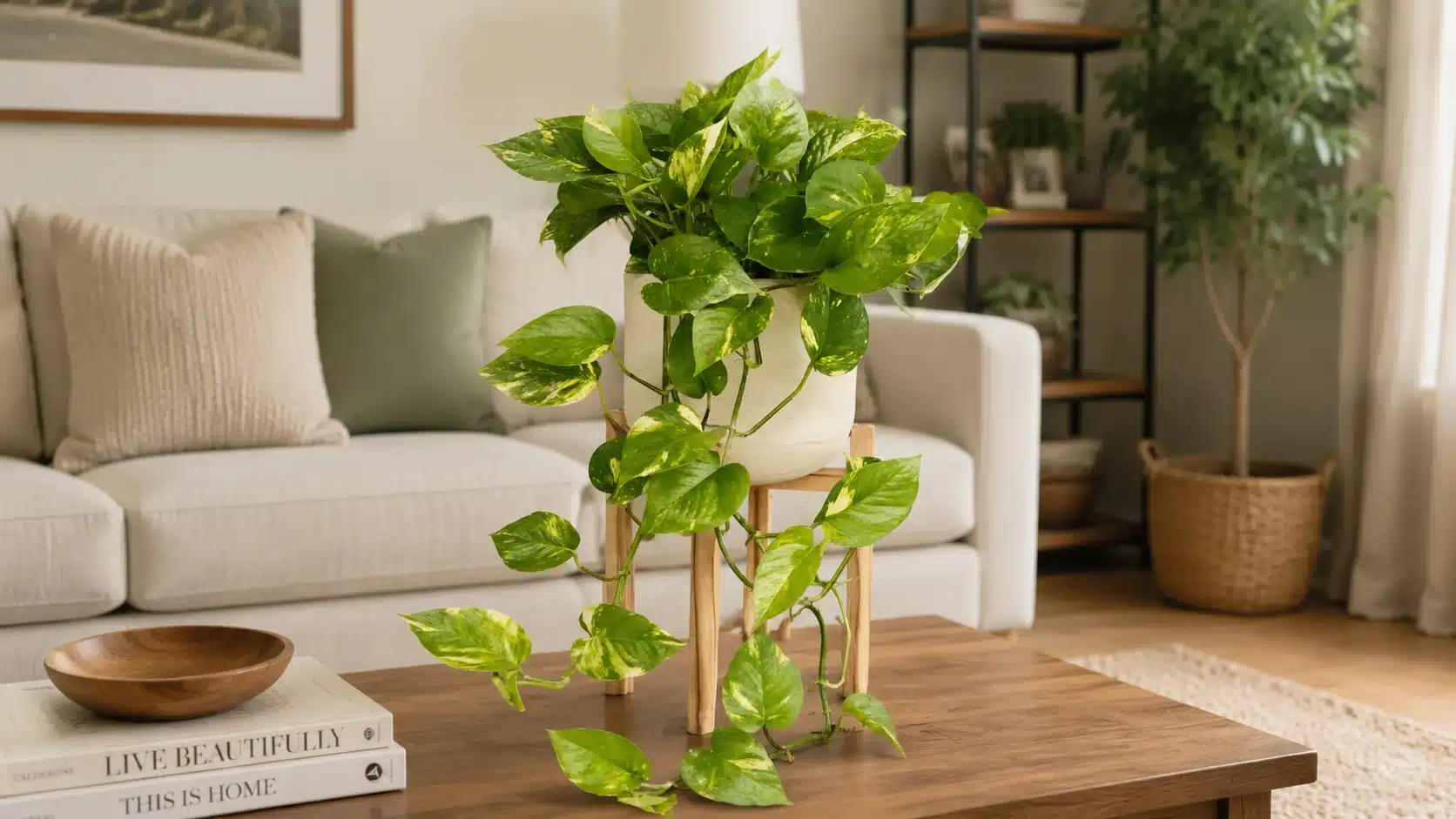 Golden pothos trailing vine with heart-shaped leaves in a white pot