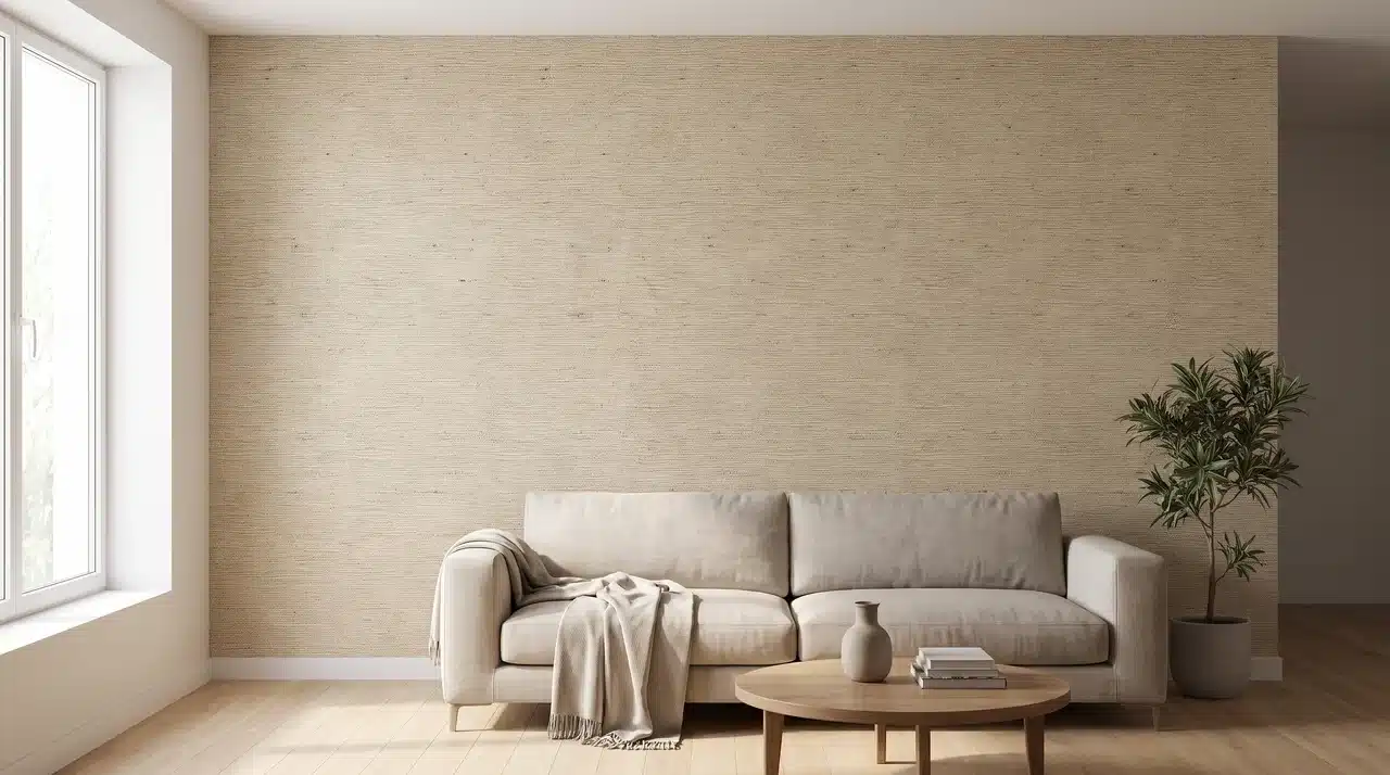 Living room feature wall covered with woven grasscloth wallpaper showing natural fiber texture