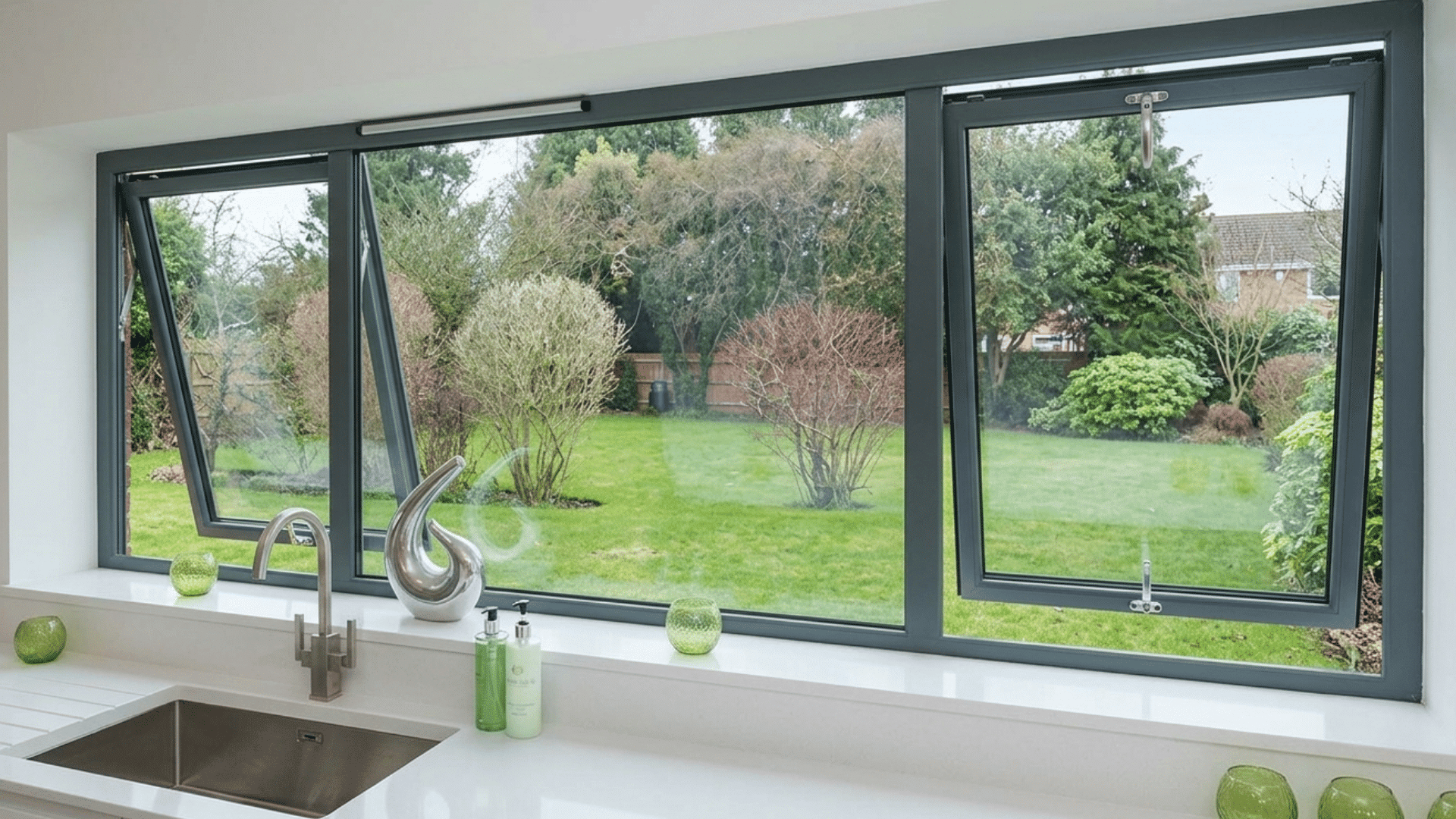 gray framed kitchen windows opening outward above a sink with a green garden view