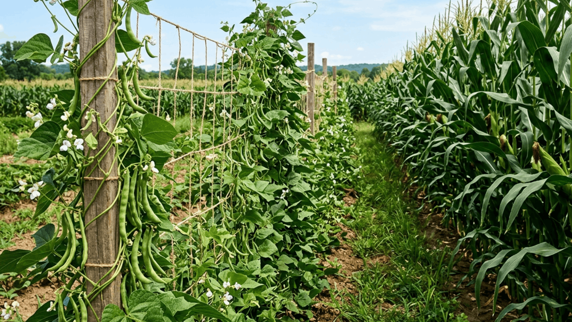 green bean vines climbing a trellis beside tall corn rows in a thriving vegetable field under a blue sky