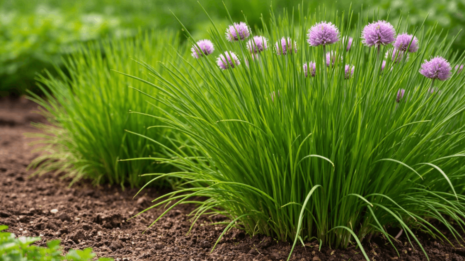 green chive plants with purple flowering blooms growing in rich garden soil forming healthy clumps in a well tended herb garden