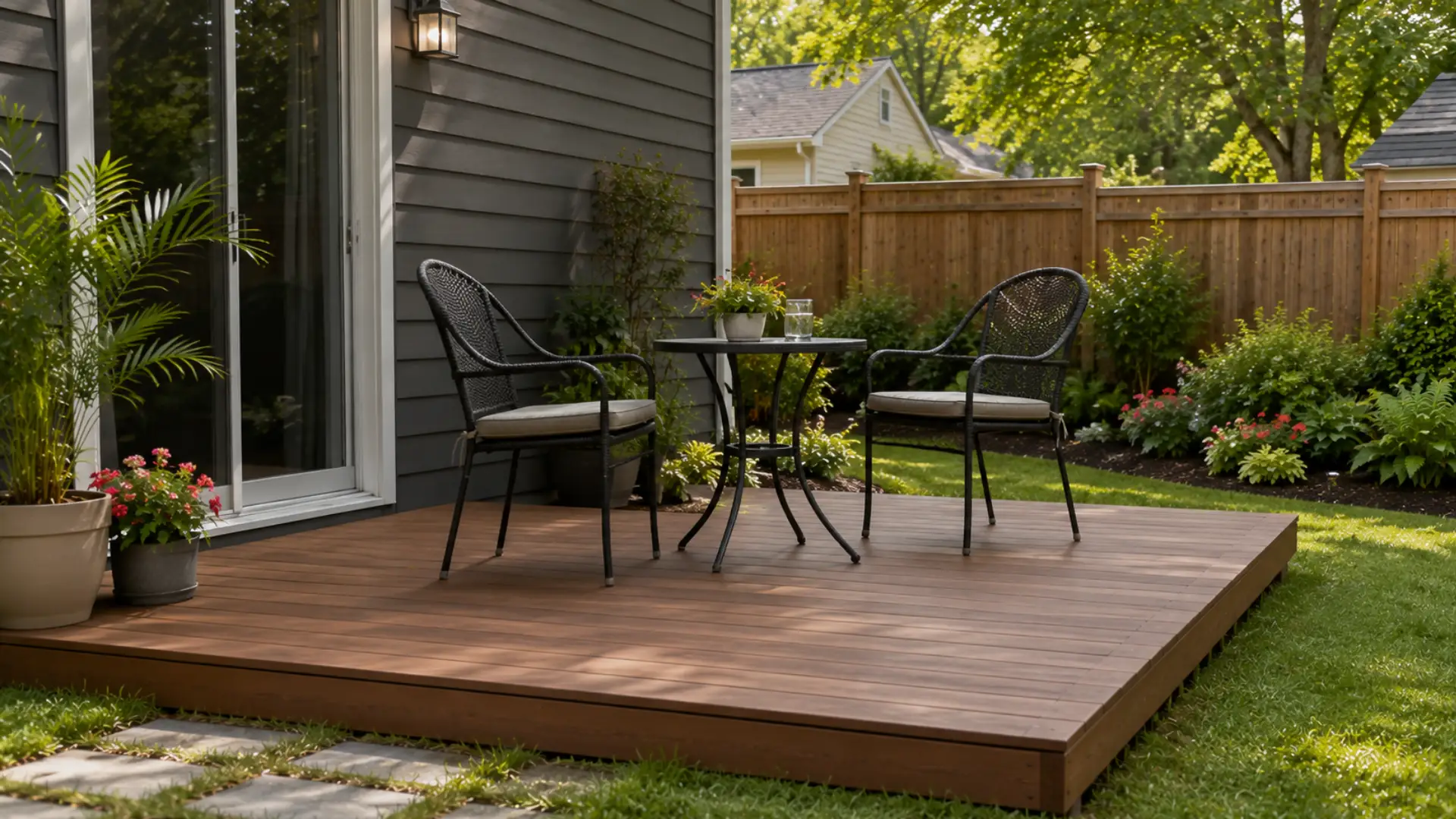 Ground-level patio-style deck built close to the grass, featuring a simple bistro table and two chairs