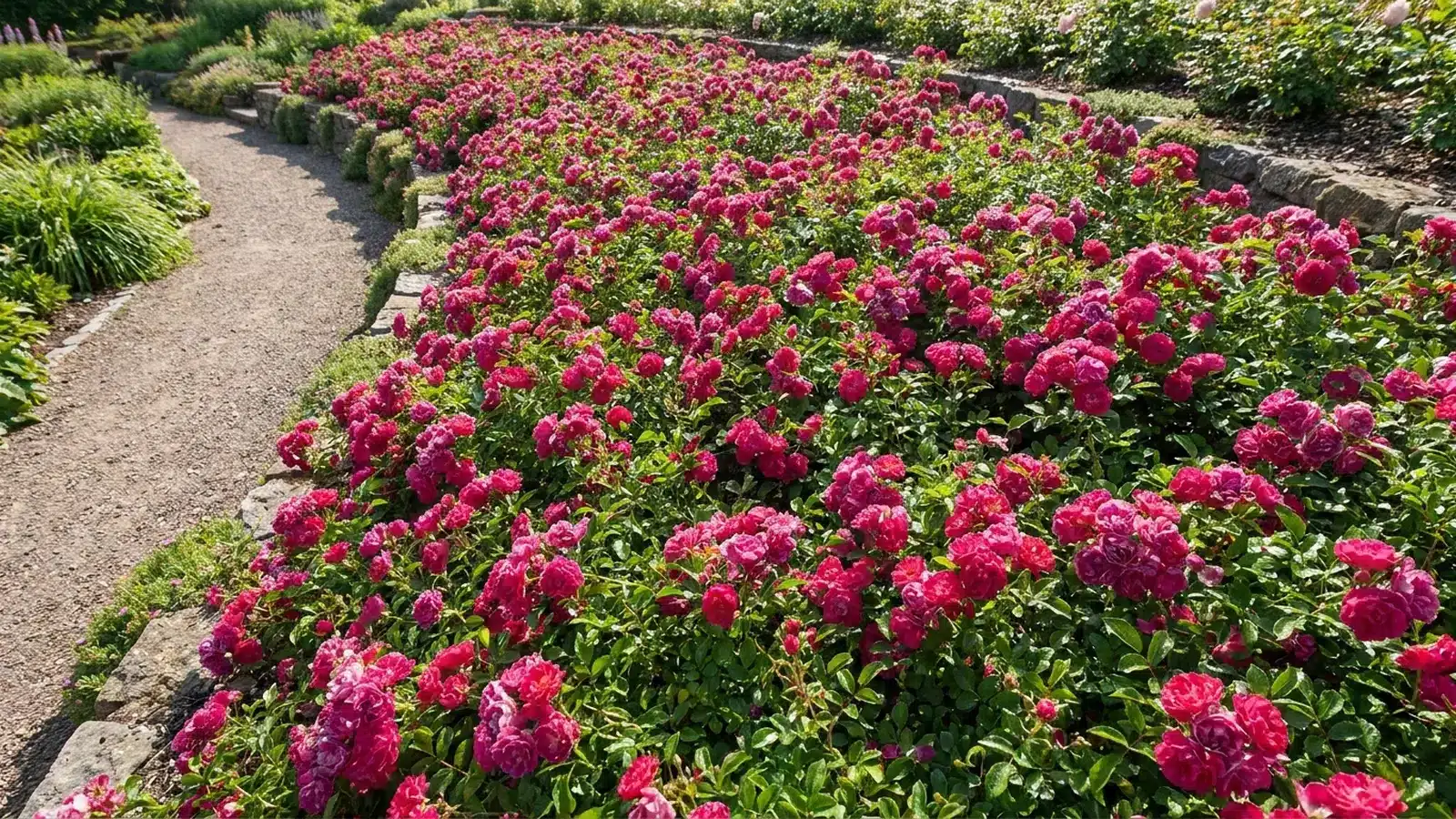 pink groundcover roses spreading across a landscaped garden bed beside a gravel path