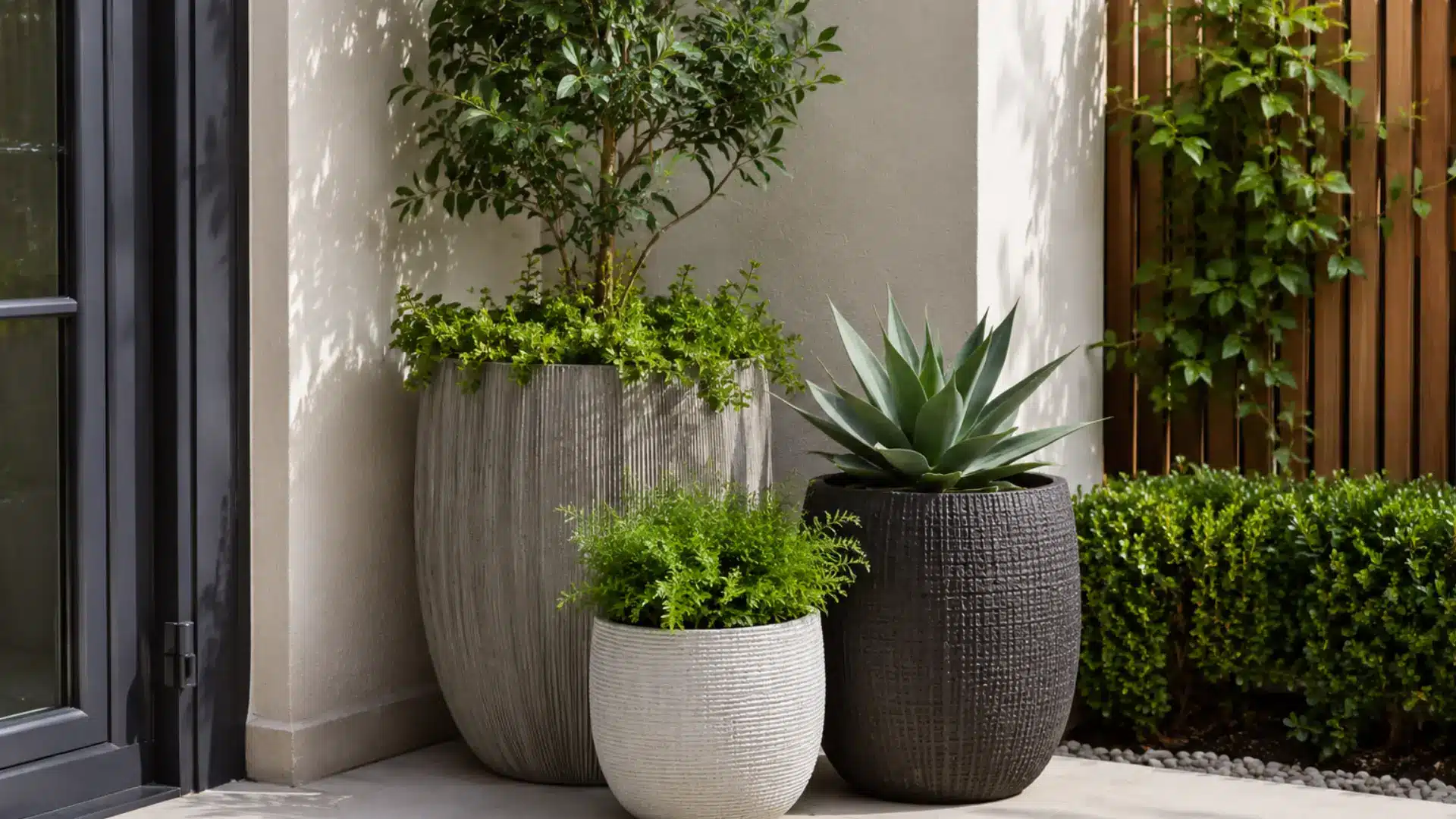 Grouped planters in odd numbers for added curb appeal