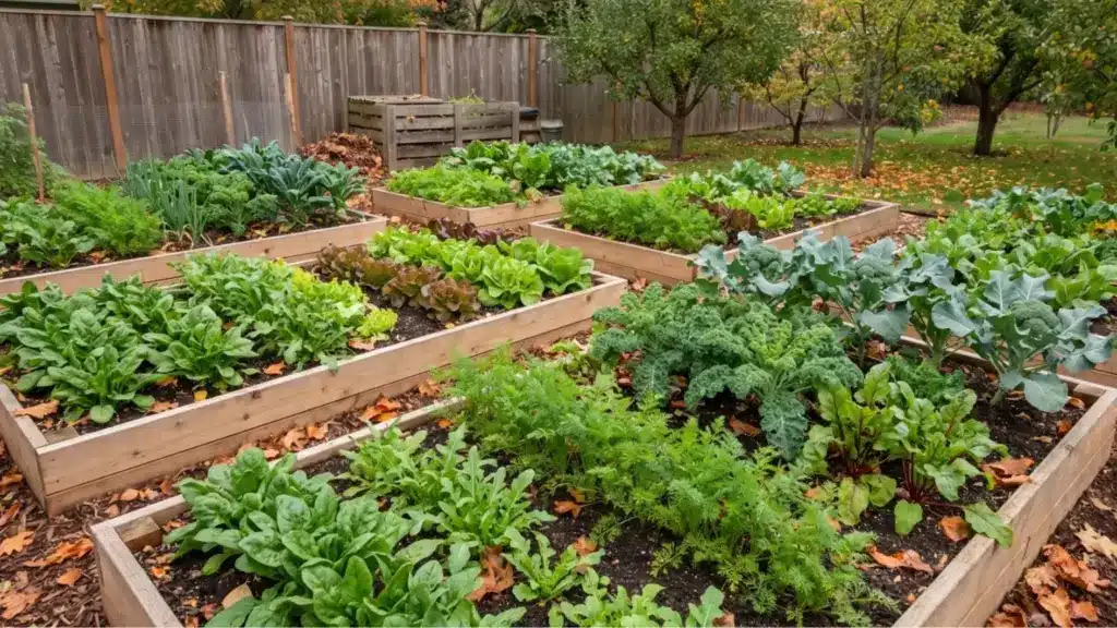 Fall garden beds with spinach, lettuce, kale, broccoli, carrots, and beets growing in rows