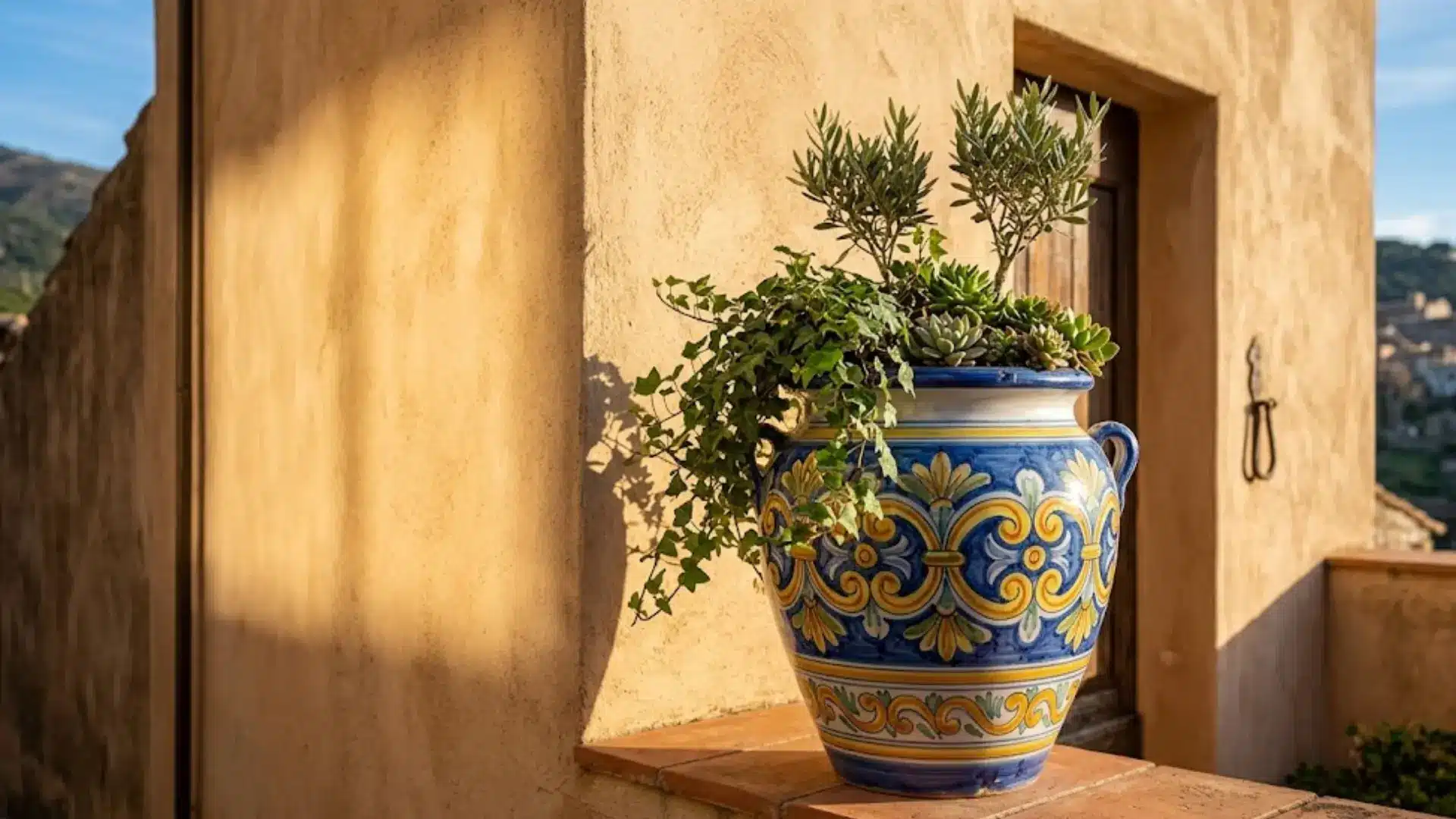 Hand-painted ceramic urn planter idea for a Mediterranean home