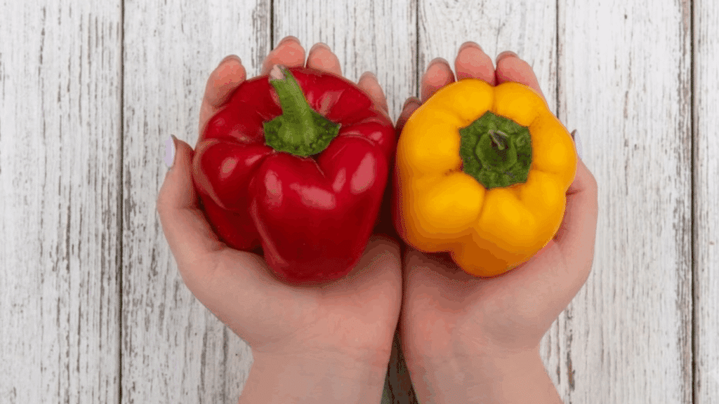 hands holding one red bell pepper and one yellow bell pepper against a white wooden background highlighting fresh vegetables